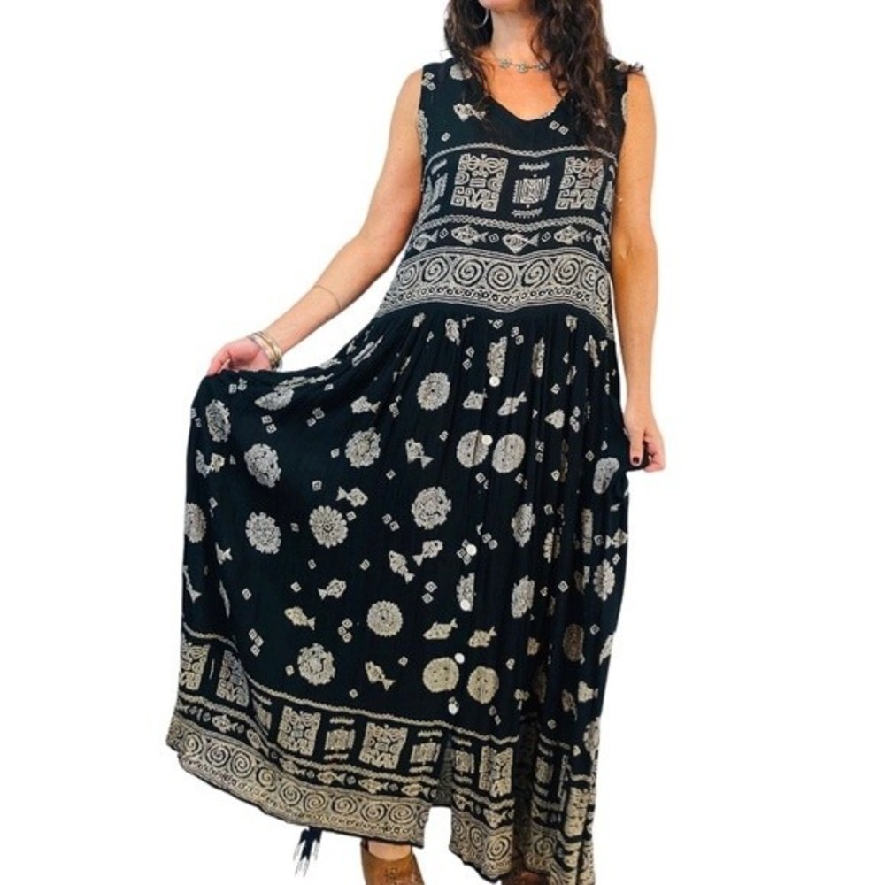 Vintage 70’s Boho BILA Midi Dress | Black & White | Tribal Print | Size M - NWOT